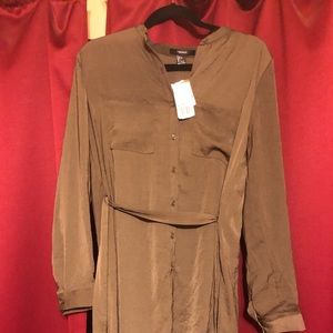Olive green long sleeved silky dress with belt